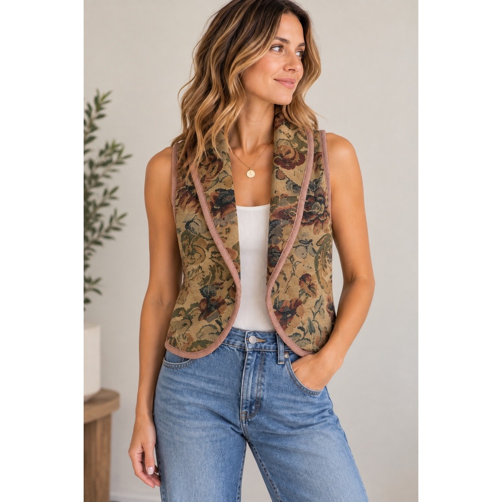 Cambridge Dry Goods Vintage Floral Tapestry Vest Scalloped Hem Earth Tones Small